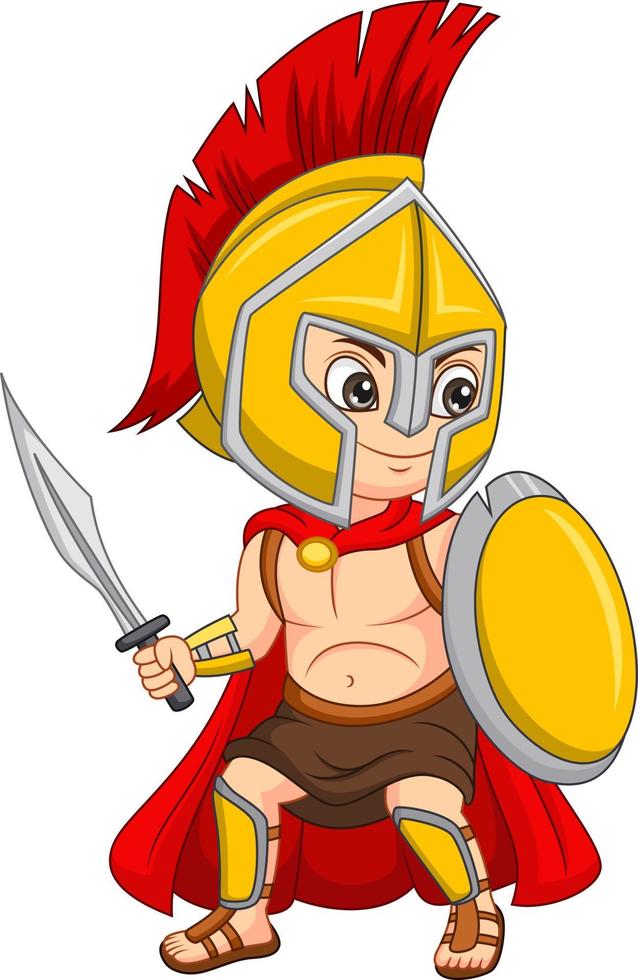 menino guerreiro espartano dos desenhos animados, segurando a espada e o escudo vetor