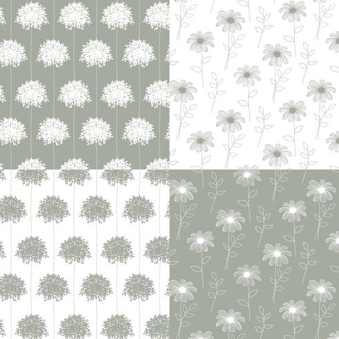 mão branca e cinza desenhada padrões florais botânicos vetor