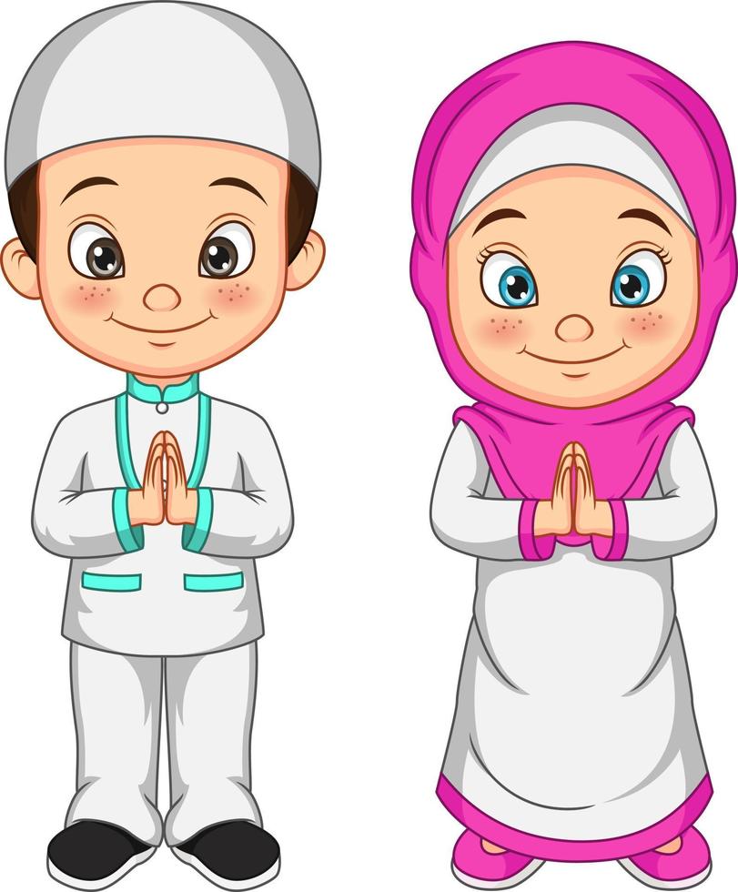 desenho animado criança muçulmana saudação salaam vetor