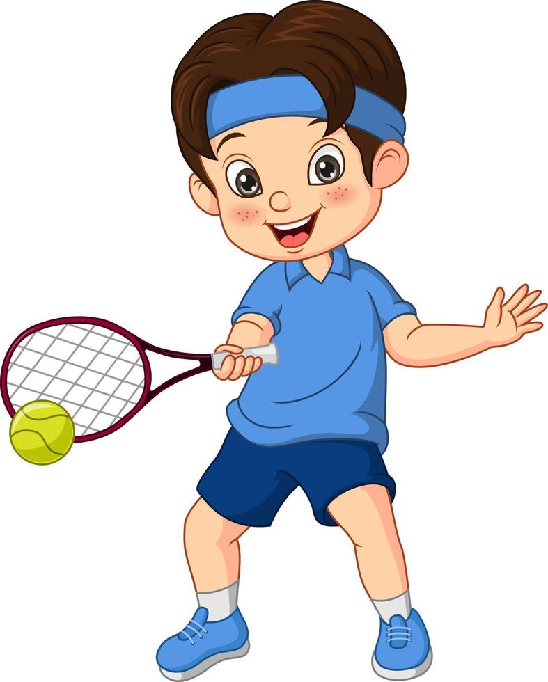 menino engraçado dos desenhos animados jogando tênis vetor