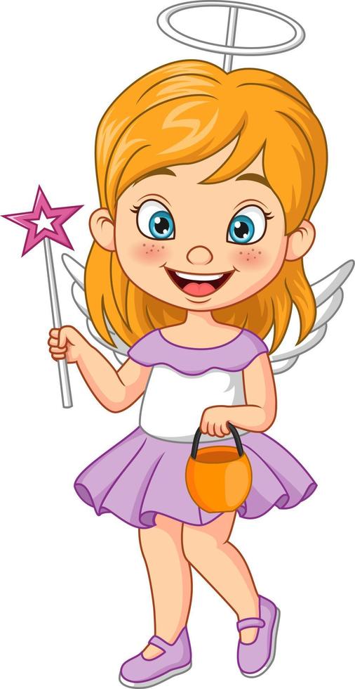 menina dos desenhos animados vestindo fantasia de anjo de halloween vetor