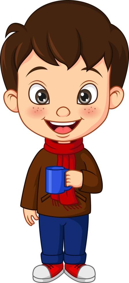desenho animado garotinho em roupas de outono, segurando o copo vetor