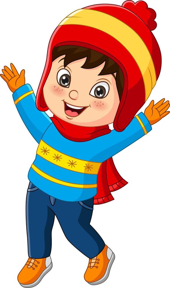 desenho animado garotinho vestindo roupas de inverno vetor