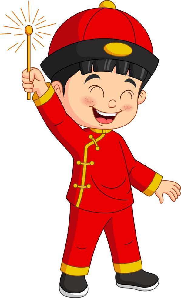 menino chinês de desenho animado segurando um estrelinhas vetor