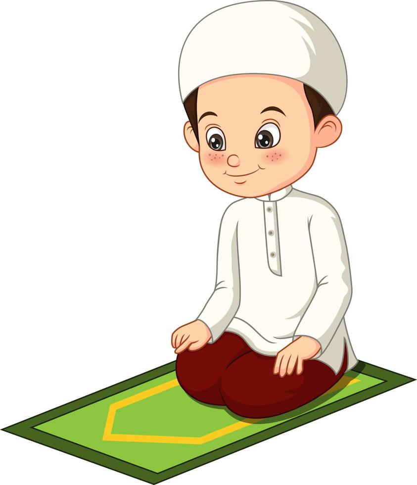 desenho animado menino muçulmano rezando vetor