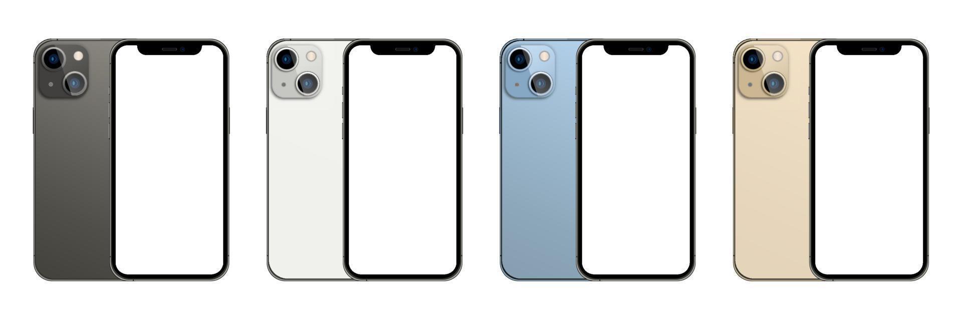 coleção de iphone 13 pro em quatro cores grafite, ouro, azul serra e prata. simular a tela do iphone e o telefone do lado traseiro vetor