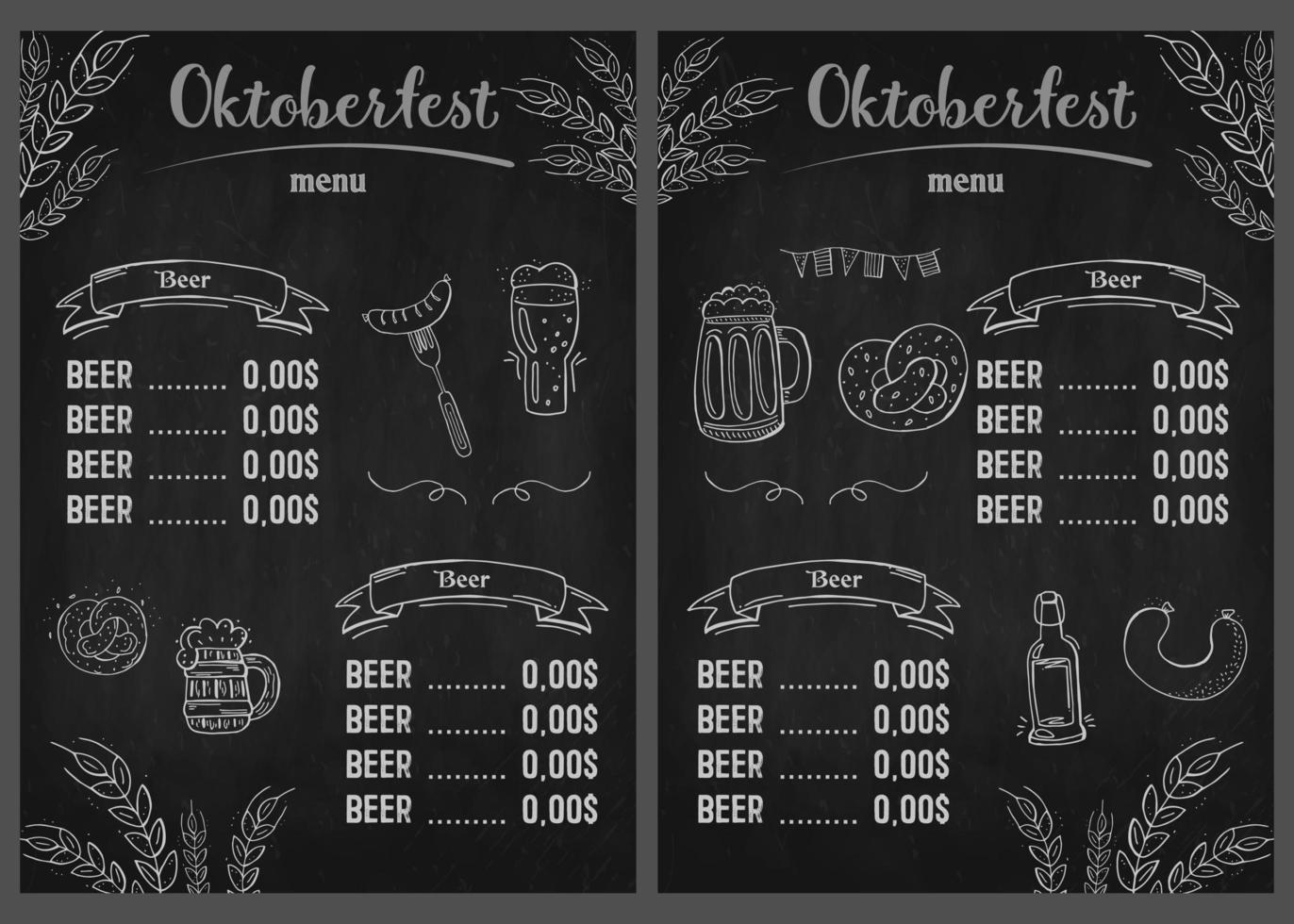 oktoberfest 2022 - festival da cerveja. elementos de doodle desenhados à mão. feriado tradicional alemão. outubro, cerveja artesanal. losango azul-branco. menu de cerveja vertical de lousa. vetor