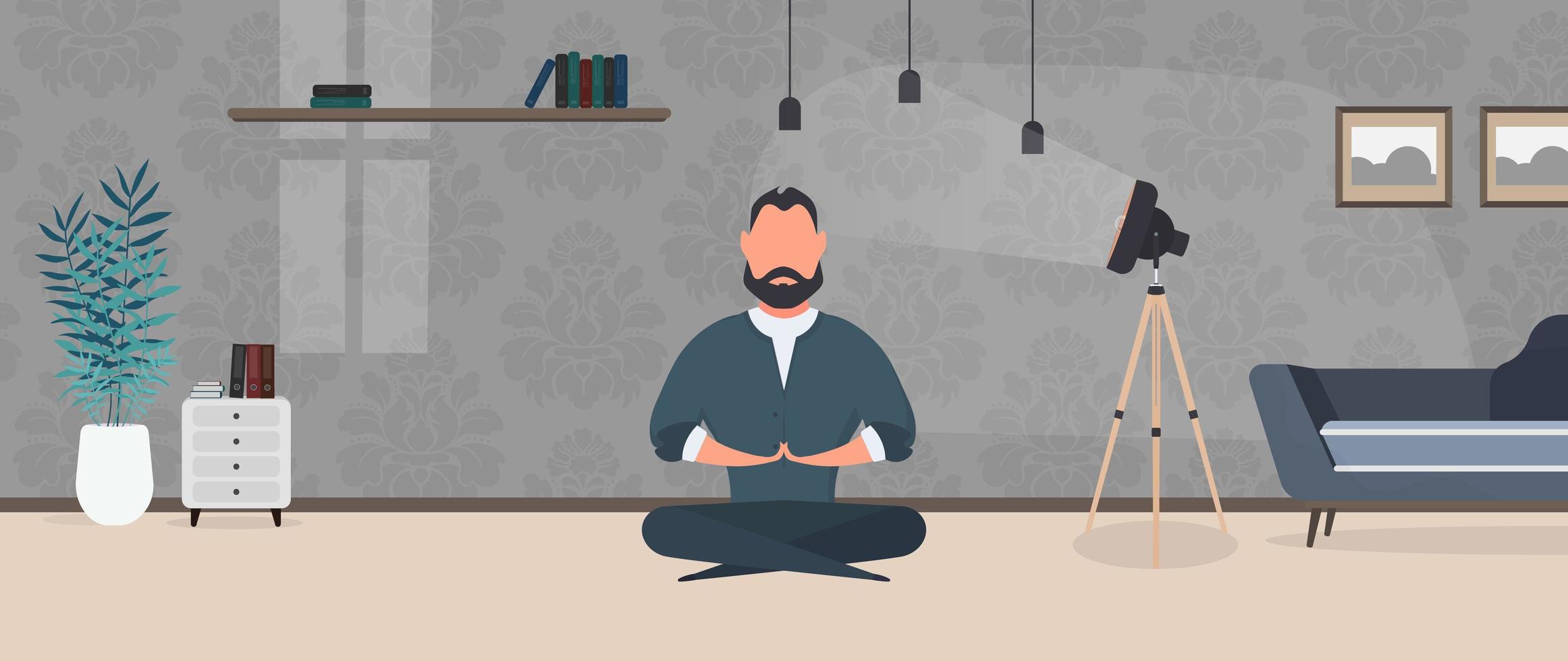 empresário medita no escritório. um homem fazendo ioga. relaxamento, meditação, ioga e descanso do conceito de trabalho. vetor. vetor