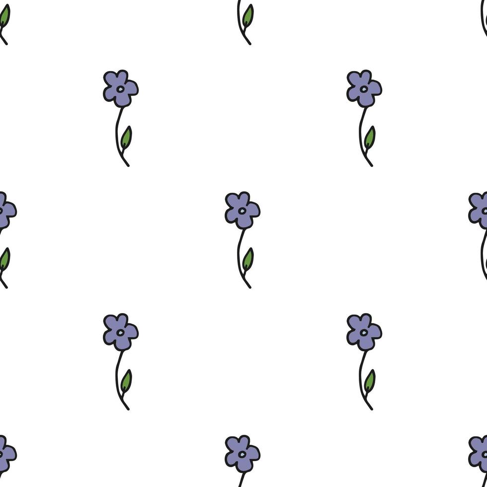 padrão sem emenda. estilo doodle desenhado à mão. natureza, animais e elementos. ilustração vetorial. flores violetas com folhas verdes em um fundo branco. vetor