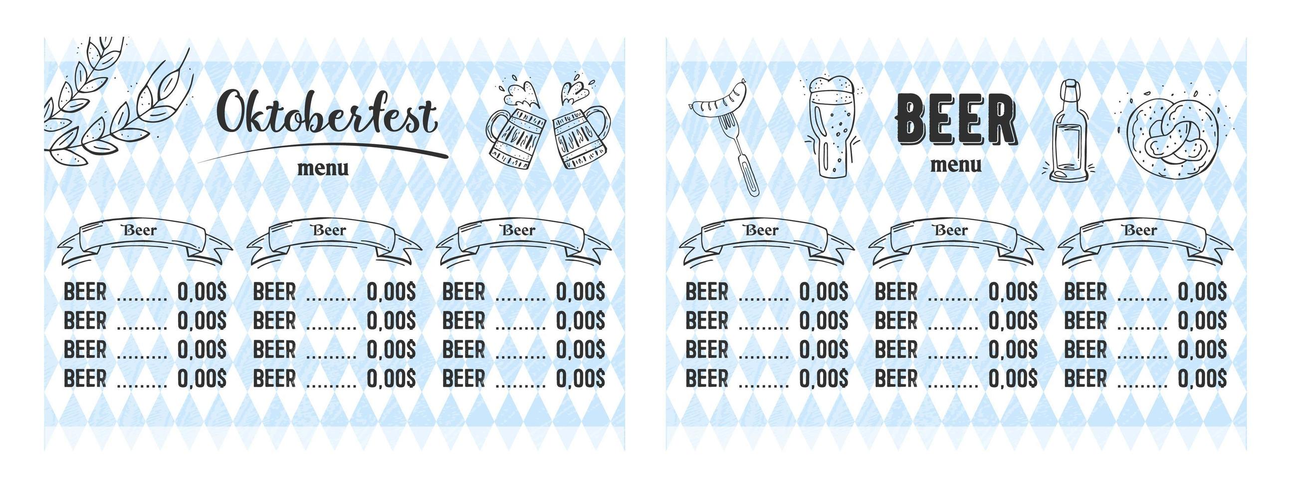 oktoberfest 2022 - festival da cerveja. elementos de doodle desenhados à mão. feriado tradicional alemão. outubro, cerveja artesanal. losango azul-branco. menu de cerveja horizontal. vetor