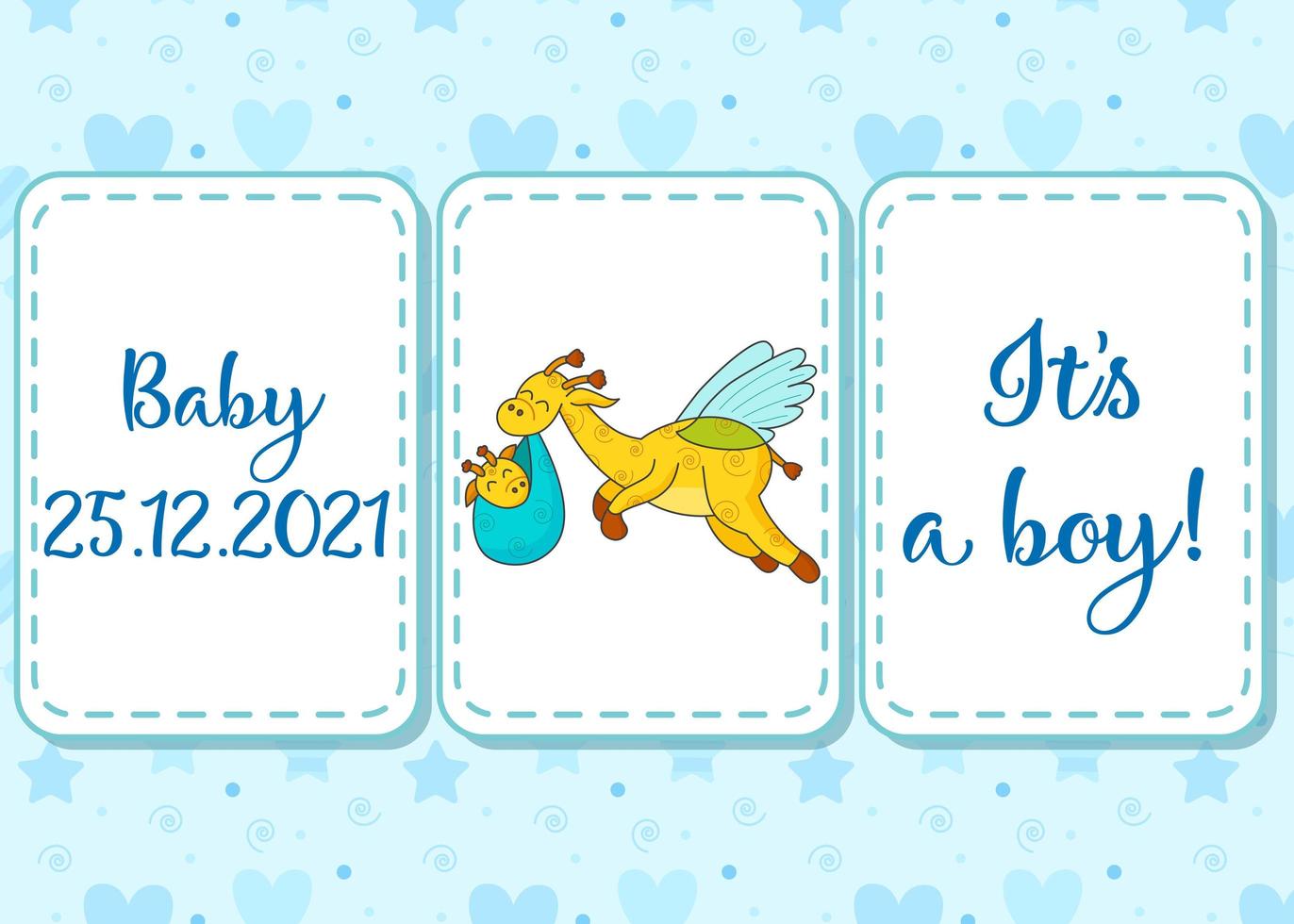 sem costura padrão e letras. um cartão postal para um recém-nascido. girafa voadora engraçada. Olá, bebê. parabéns pelo nascimento de uma criança. certidão de nascimento. Olá Mundo. vetor