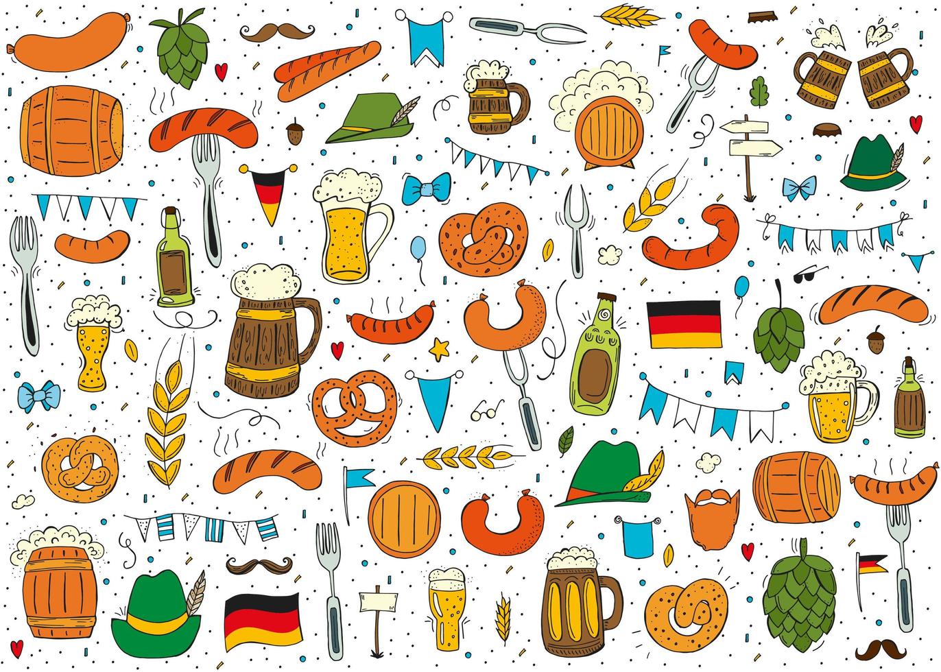 oktoberfest 2022 - festival da cerveja. elementos de doodle desenhados à mão. feriado tradicional alemão. outubro, cerveja artesanal. losango azul-branco. conjunto de elementos. vetor