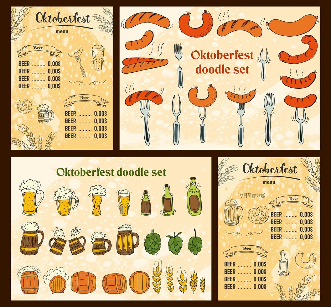 oktoberfest 2022 - festival da cerveja. elementos de doodle desenhados à mão. feriado tradicional alemão. outubro, cerveja artesanal. losango azul-branco. set - menu de cerveja com elementos. vetor