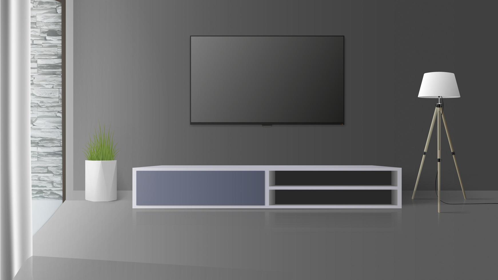 tv em uma parede cinza. desligue a tv, uma longa mesa de cabeceira loft. ilustração vetorial. vetor