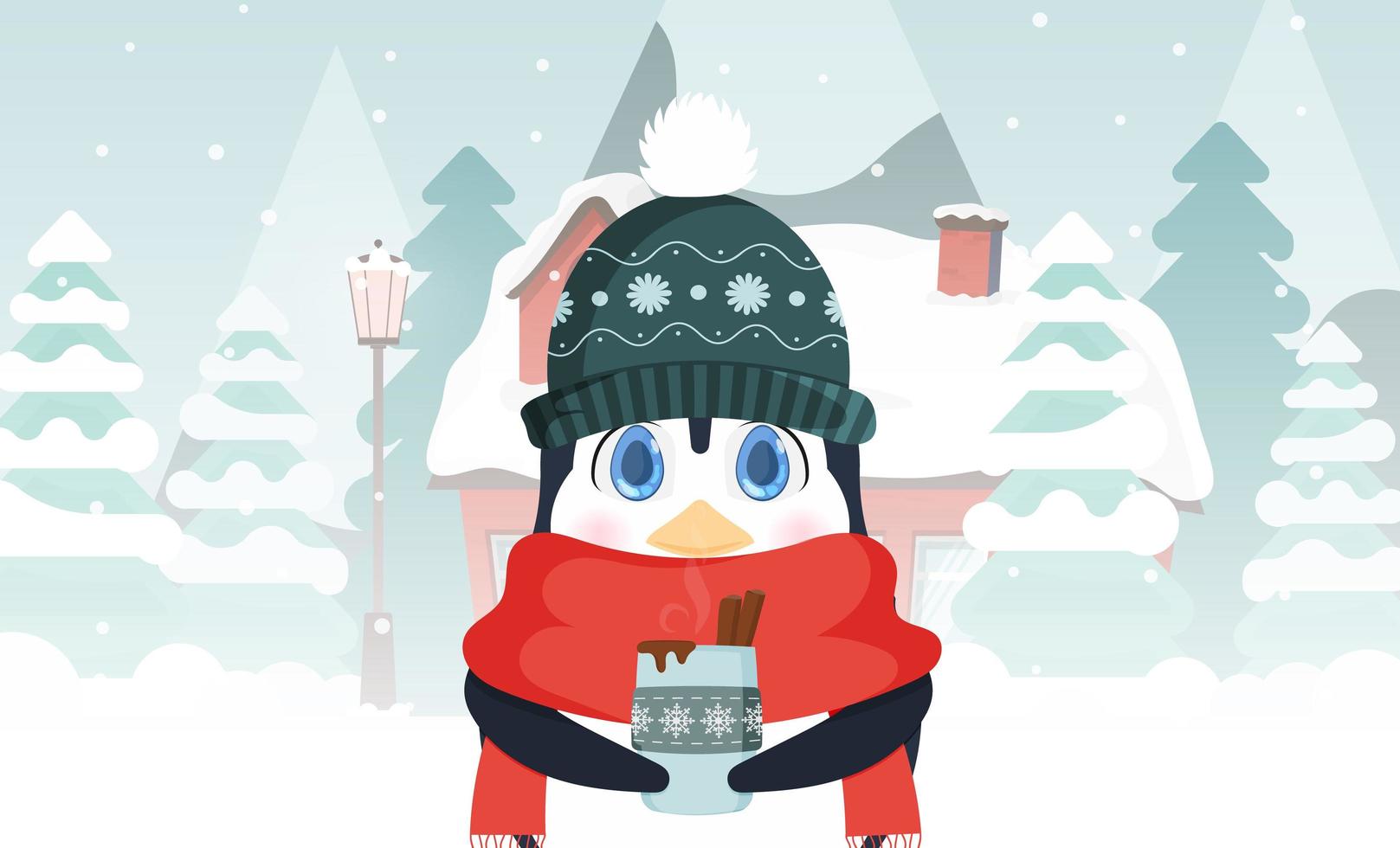 um pinguim bonitinho com um chapéu de inverno e um cachecol tem uma bebida quente nas mãos. casa em uma floresta de neve. árvores de natal, montanhas, neve. ilustração vetorial. vetor