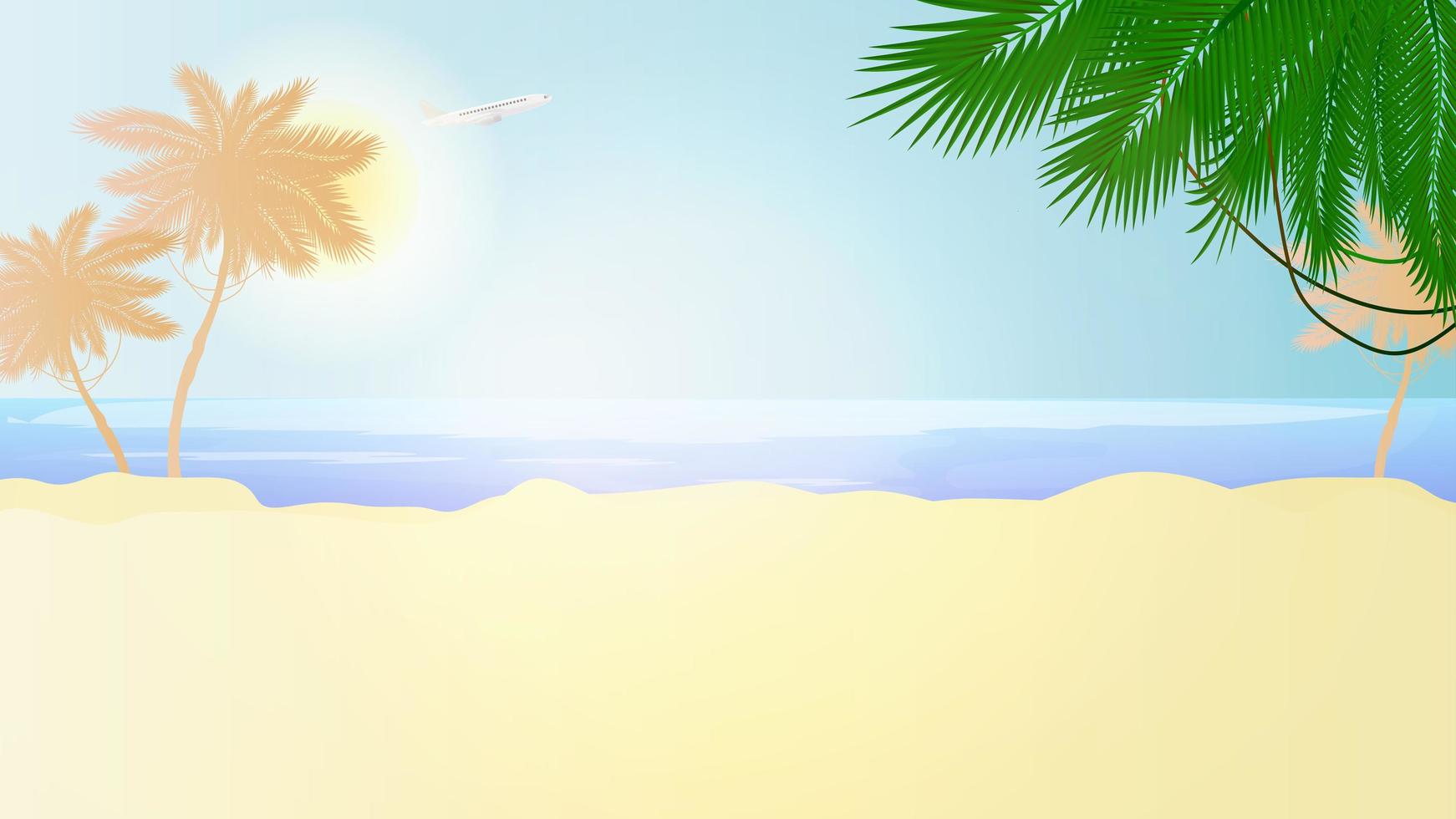 praia ensolarada em um estilo simples. palmeiras, areia, mar, céu e sun.illustration com lugar para texto. vetor. vetor