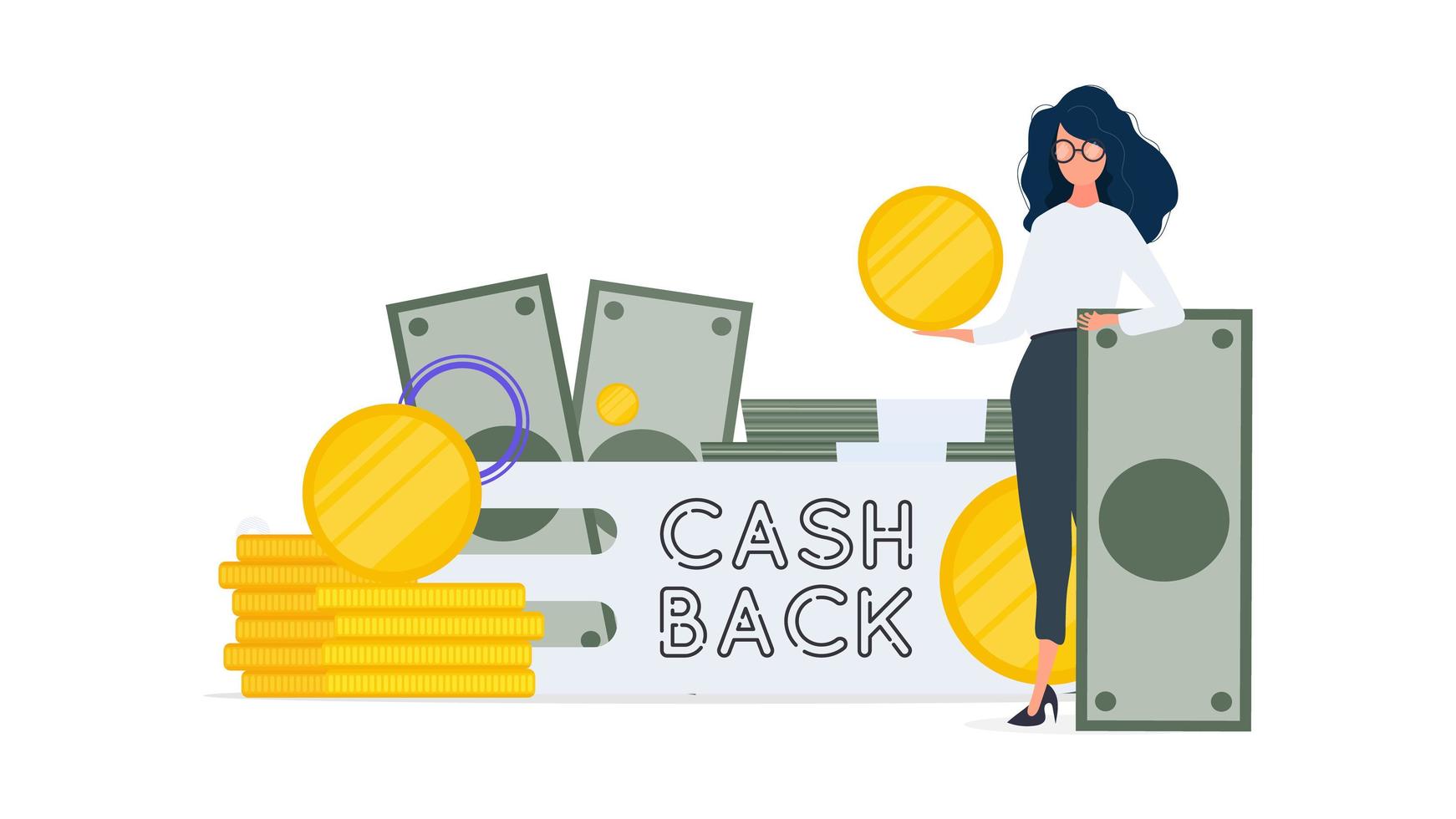 a garota está segurando um dólar. letras de cashback isoladas no fundo branco. moedas de ouro. composição sobre o tema de dinheiro de volta e cashback. vetor. vetor