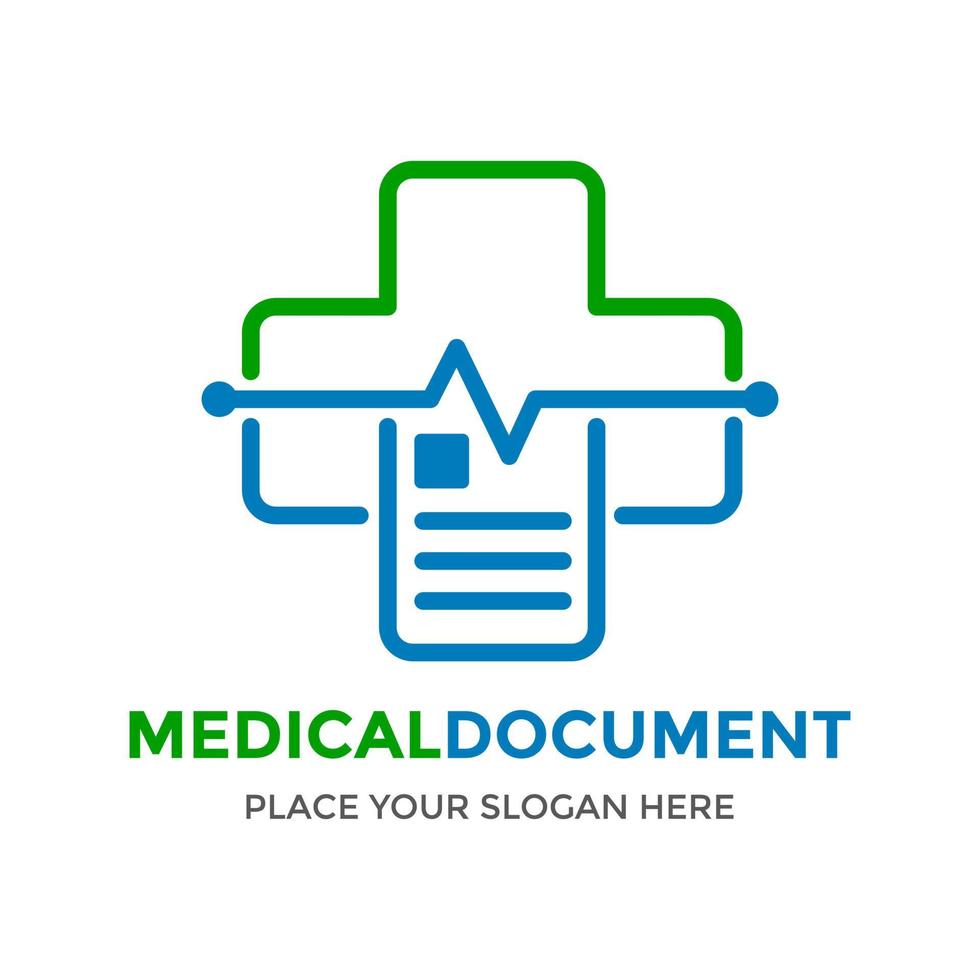 modelo de logotipo de vetor de documento médico. este design usa o símbolo cruzado. adequado para a saúde.