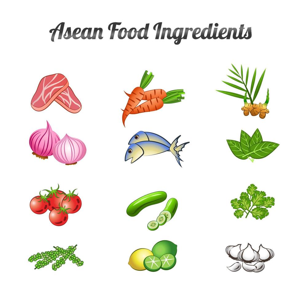 o pacote de conjunto de ingredientes alimentares da asean inclui legumes e carne em design de desenho animado gradiente vetor