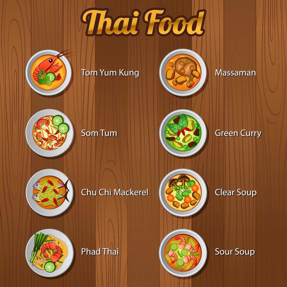 comida tailandesa deliciosa e famosa com fundo de madeira vetor