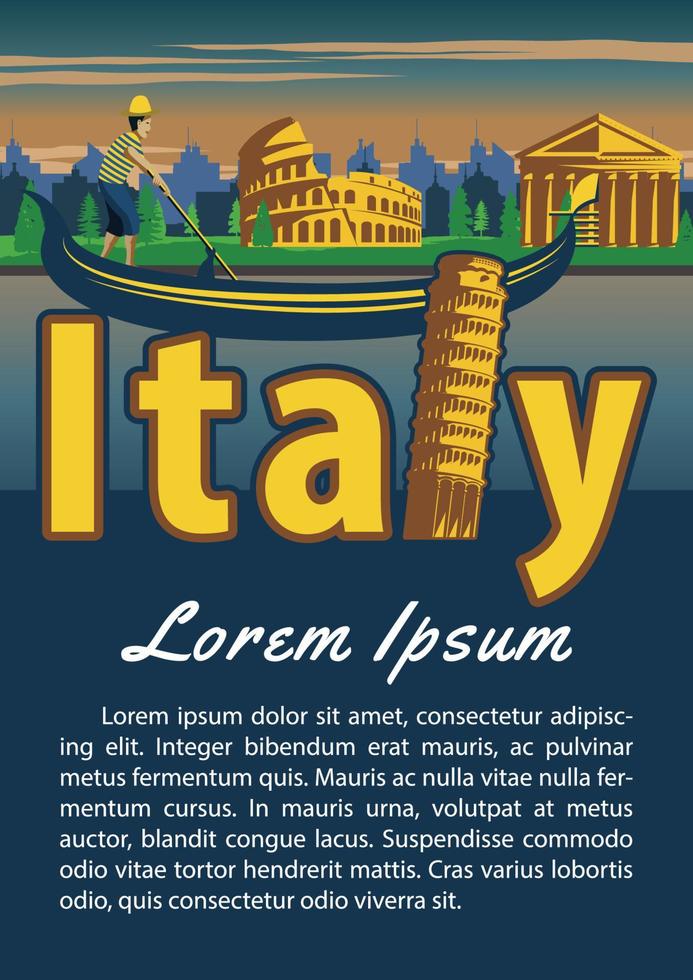 brochura de marco da itália em design de cores vintage de tipografia, arte publicitária vetor