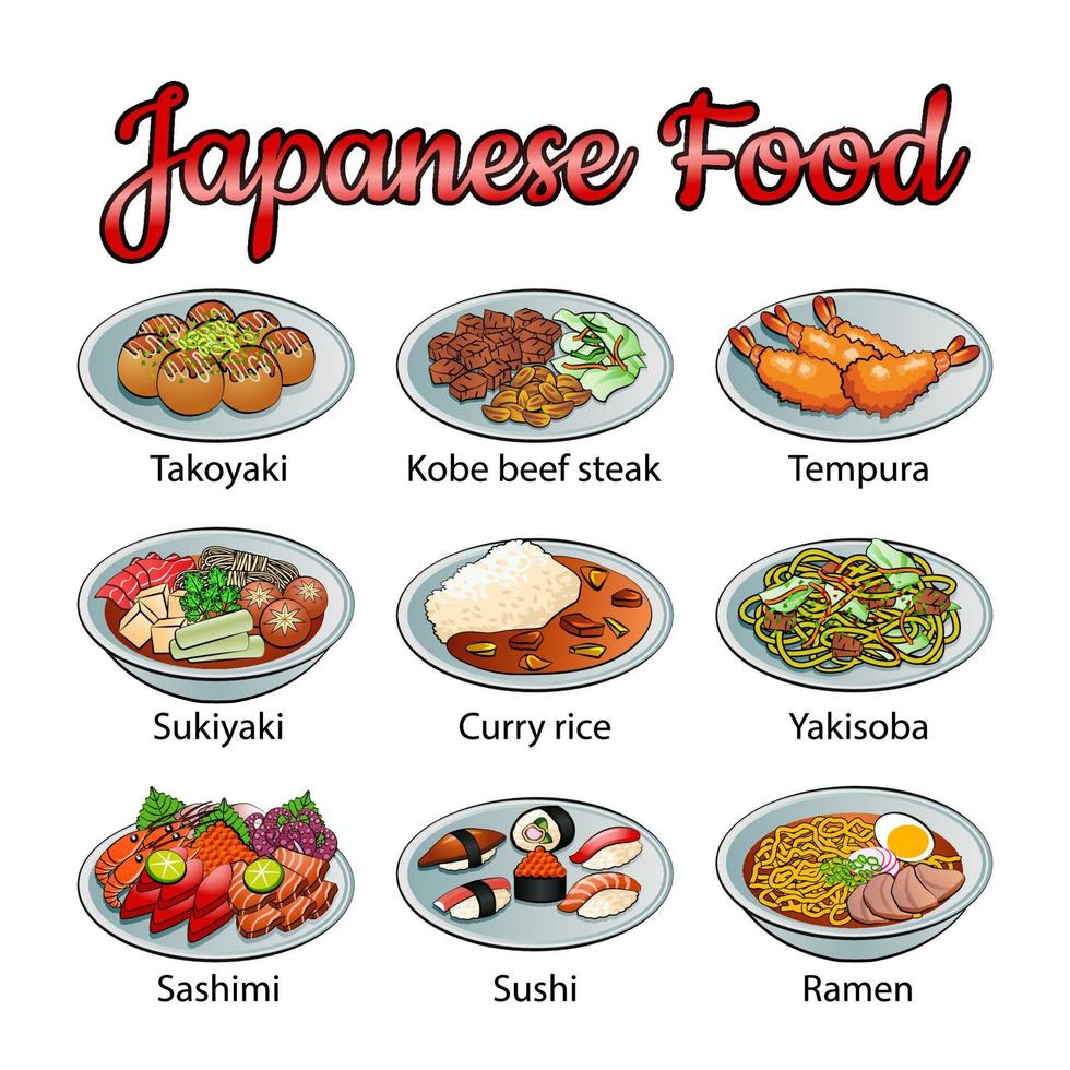 conjunto de comida deliciosa e famosa de japonês em ícone de design gradiente colorido vetor