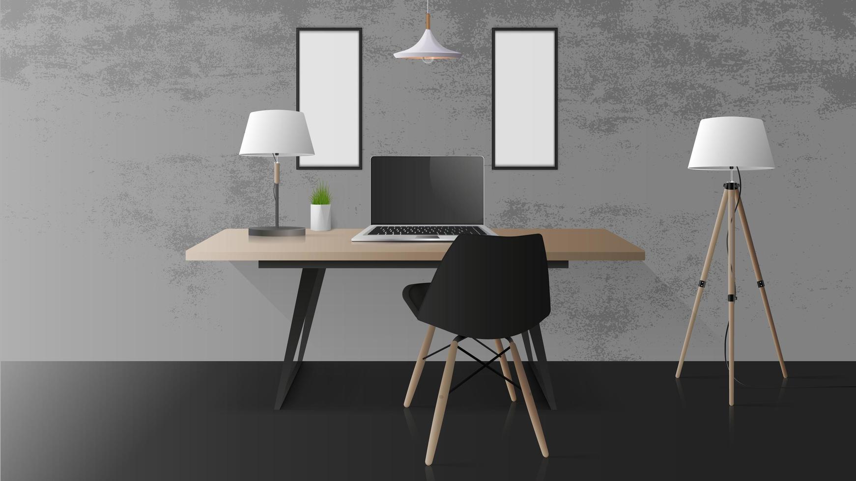 local de trabalho moderno em um elegante loft. mesa de escritório de madeira, laptop, cadeira, abajur. elemento de design de escritório. vetor realista