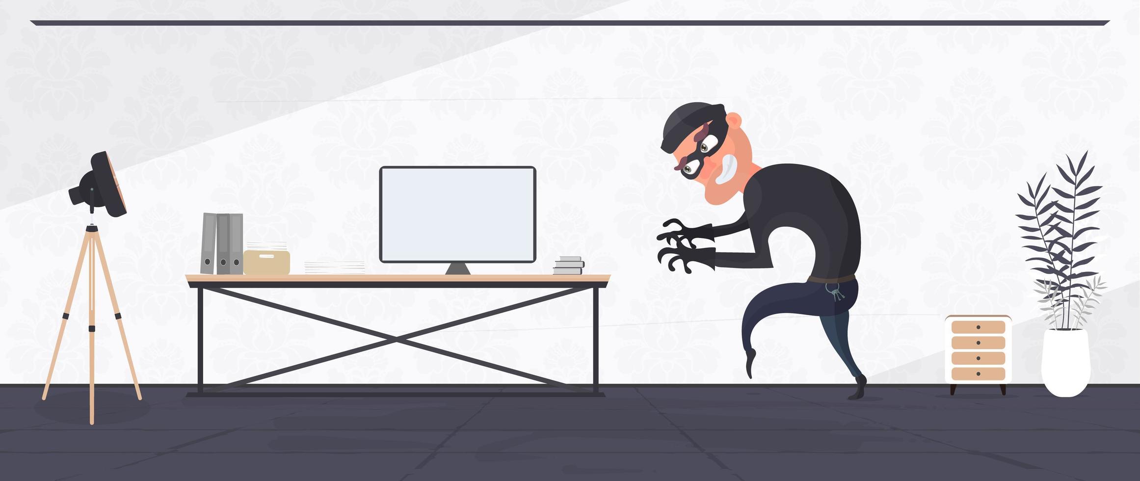 o ladrão entrou no apartamento e roubou o laptop. um ladrão de escritório rouba dados. conceito de segurança e roubo. vetor. vetor