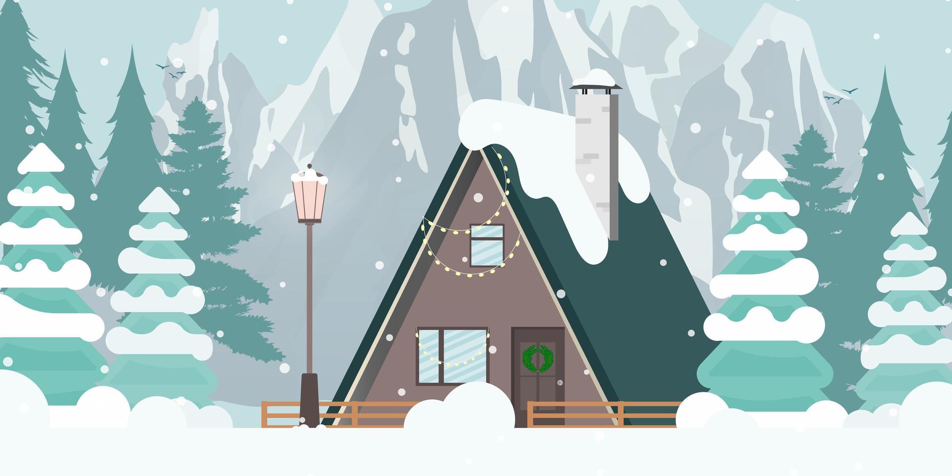 casa em uma floresta de neve. árvores de natal, montanhas, neve. estilo cartoon plana. ilustração vetorial. vetor