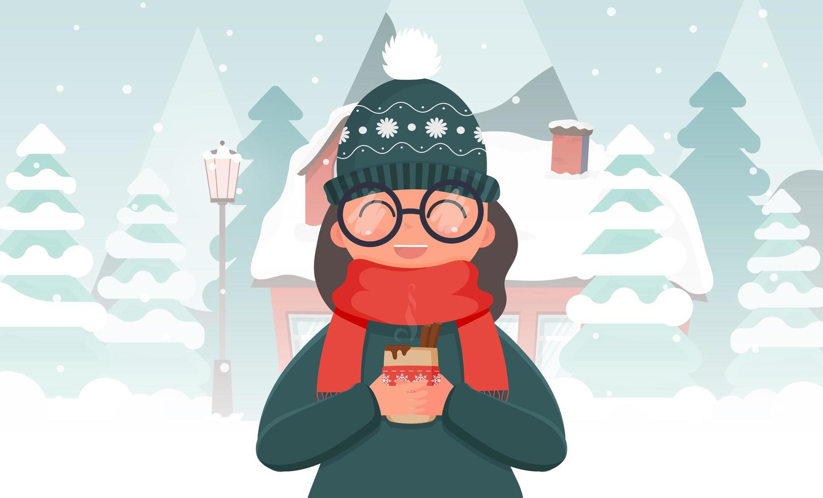 uma garota com roupas de inverno está segurando uma bebida quente. casa em uma floresta de neve. árvores de natal, montanhas, neve. ilustração vetorial. vetor