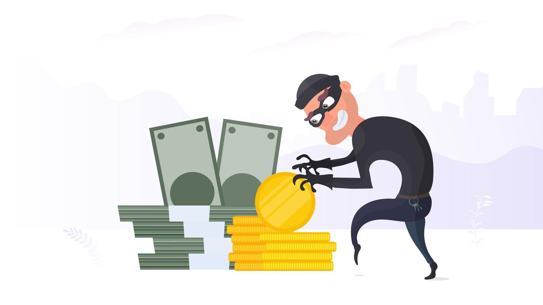 o ladrão rouba dinheiro. o criminoso rouba moedas de ouro. conceito de segurança de roubo e finanças. estilo simples, vetor. vetor