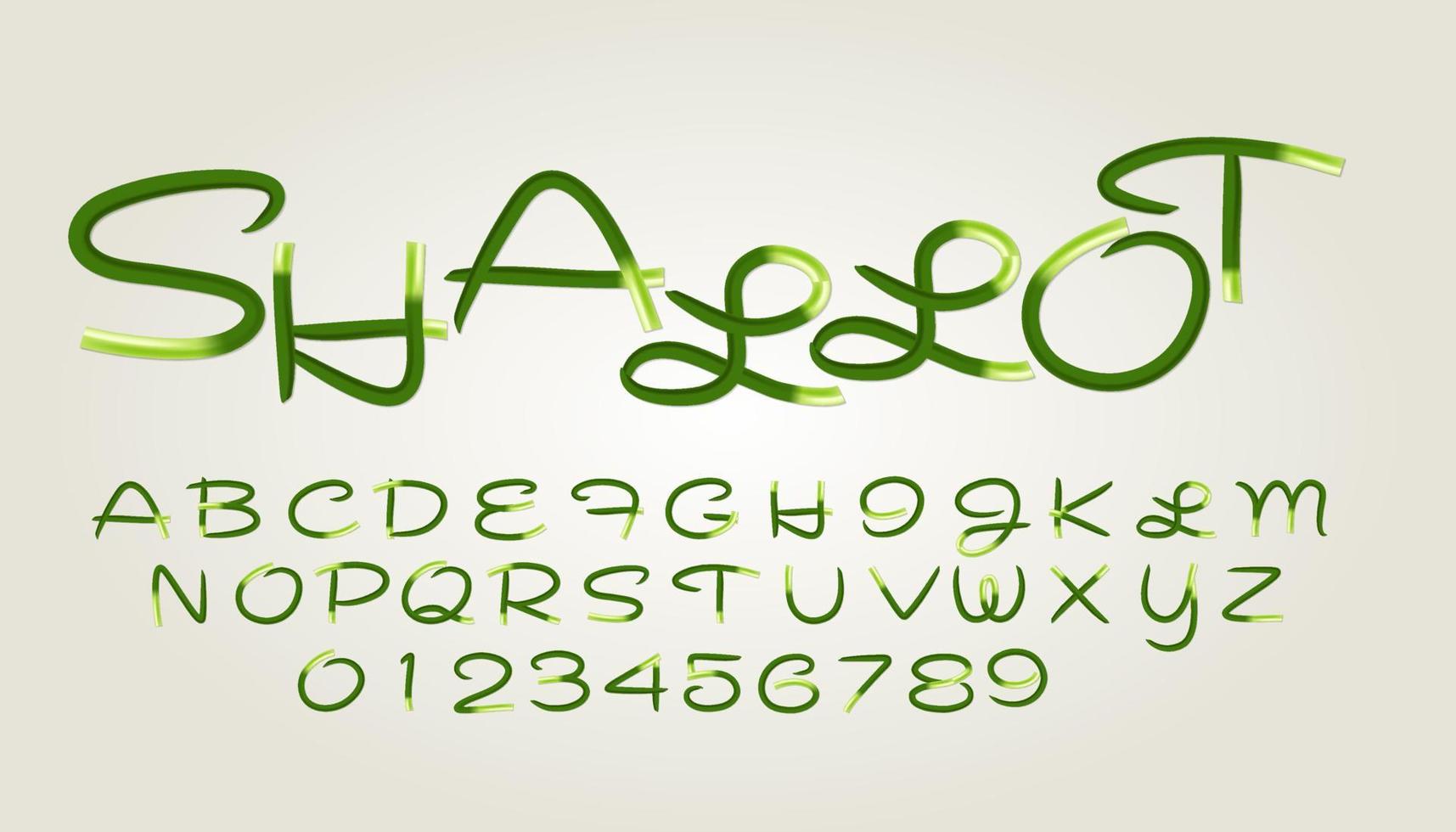 design de fonte estilo chalota verde, letras do alfabeto e números, vetor eps10.