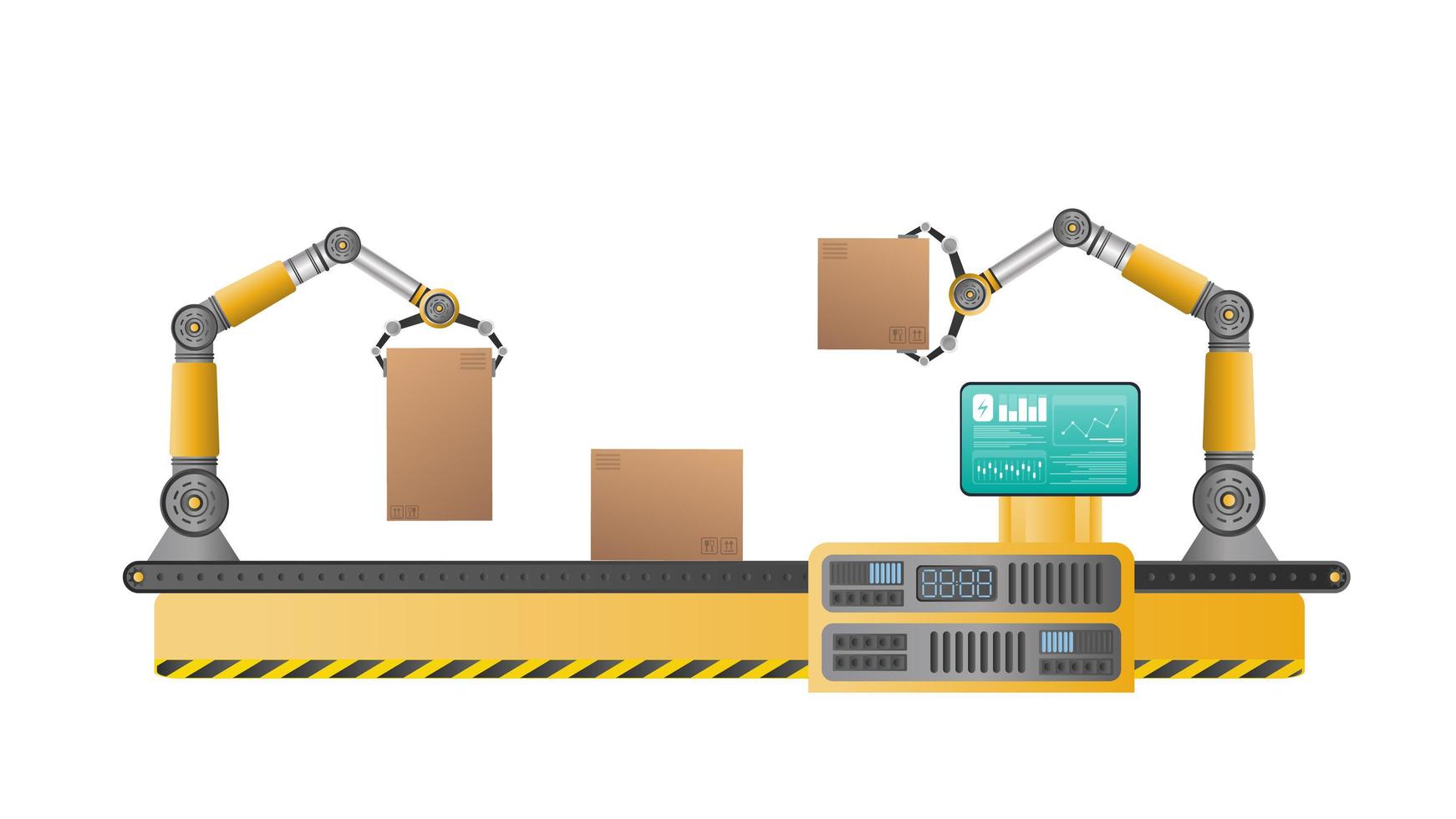 linha de produção automática de transportador completa com manipuladores robóticos. operação automática. manipulador de robô industrial. tecnologia industrial moderna. aparelhos para fábricas. isolado, vetor