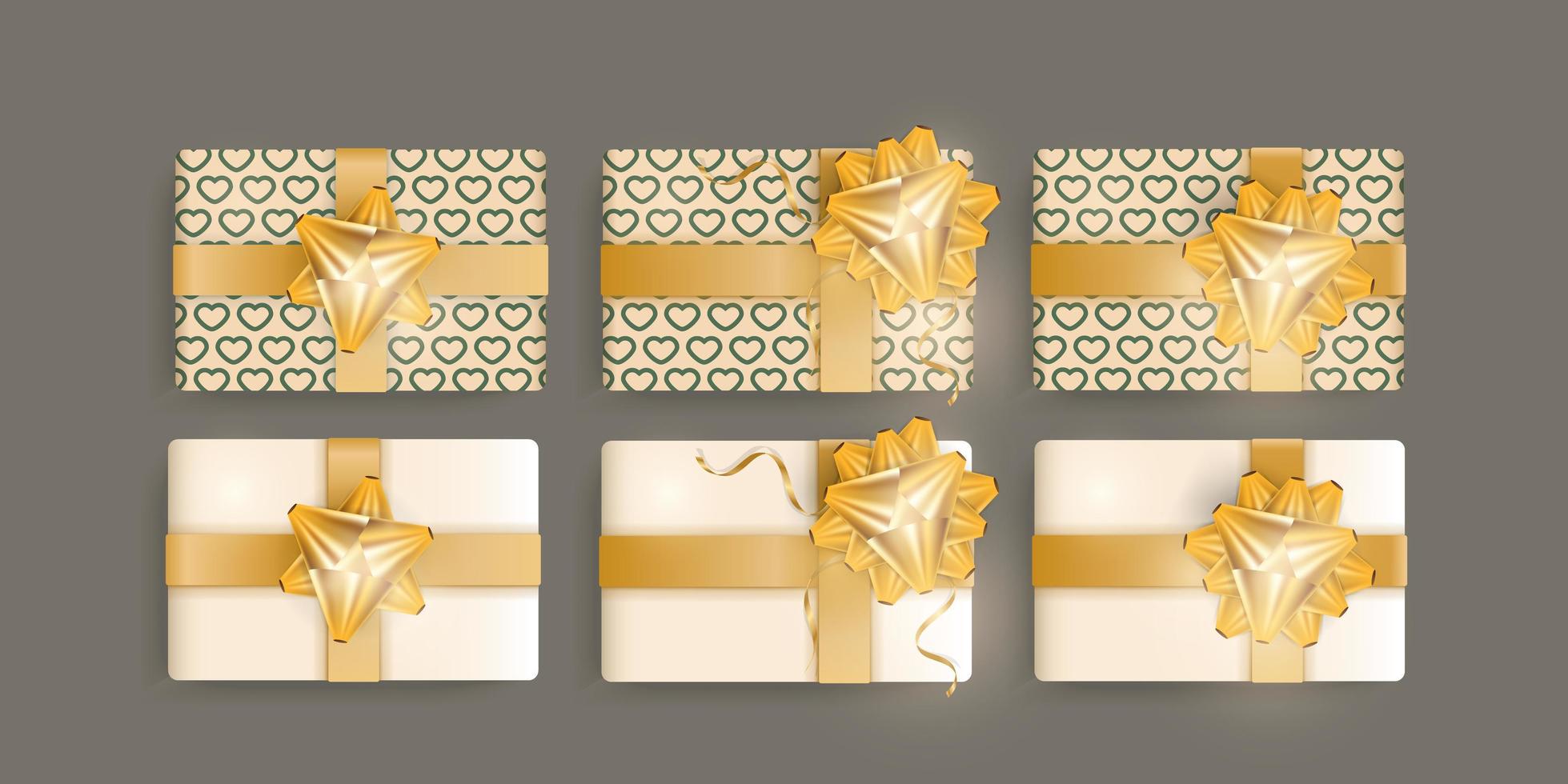 conjunto de caixas de presente verdes realistas com padrão de corações, fitas de ouro e arco. cores reais. vista de cima. ilustração vetorial. vetor