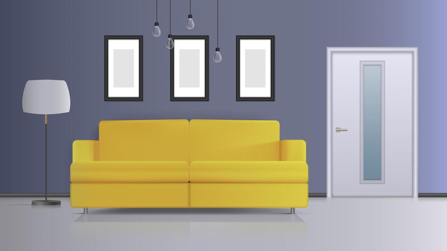 ilustração em vetor de um interior. sofá amarelo, porta branca, luminária de chão com abajur branco, luminária de teto branca. interior de vetor realista.