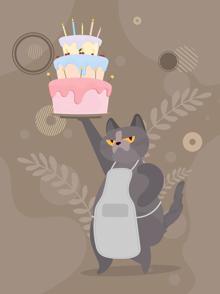 gato engraçado segura um bolinho festivo. doces com creme, bolinho, sobremesa festiva, confeitaria. bom para cartões de feliz aniversário. estilo simples do vetor. vetor
