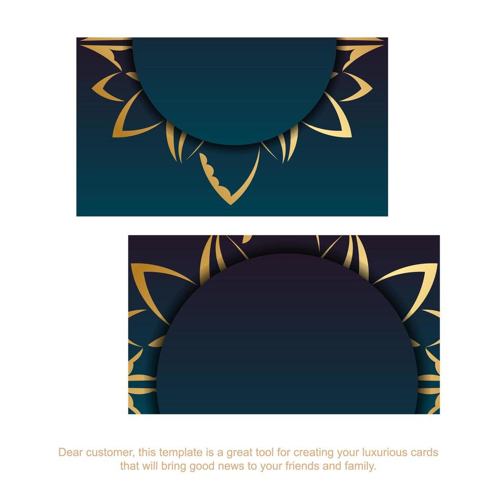 cartão de visita azul gradiente com ornamento de ouro abstrato para seus contatos. vetor