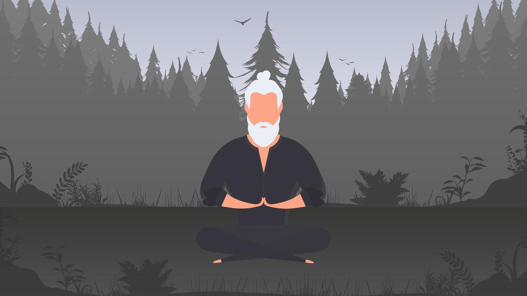 um homem de quimono preto medita no parque. mestre de kung fu. o cara está fazendo ioga na natureza. vetor. vetor