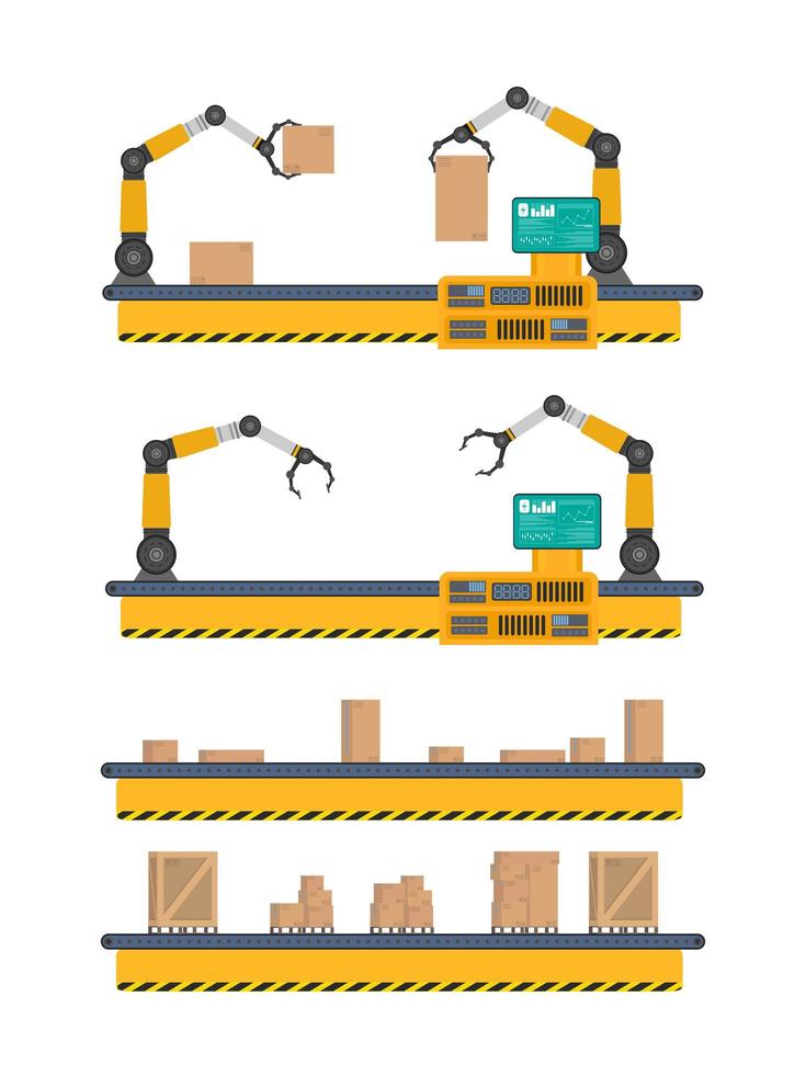 linha transportadora com caixas. sistema de transporte em design plano. ilustração vetorial vetor