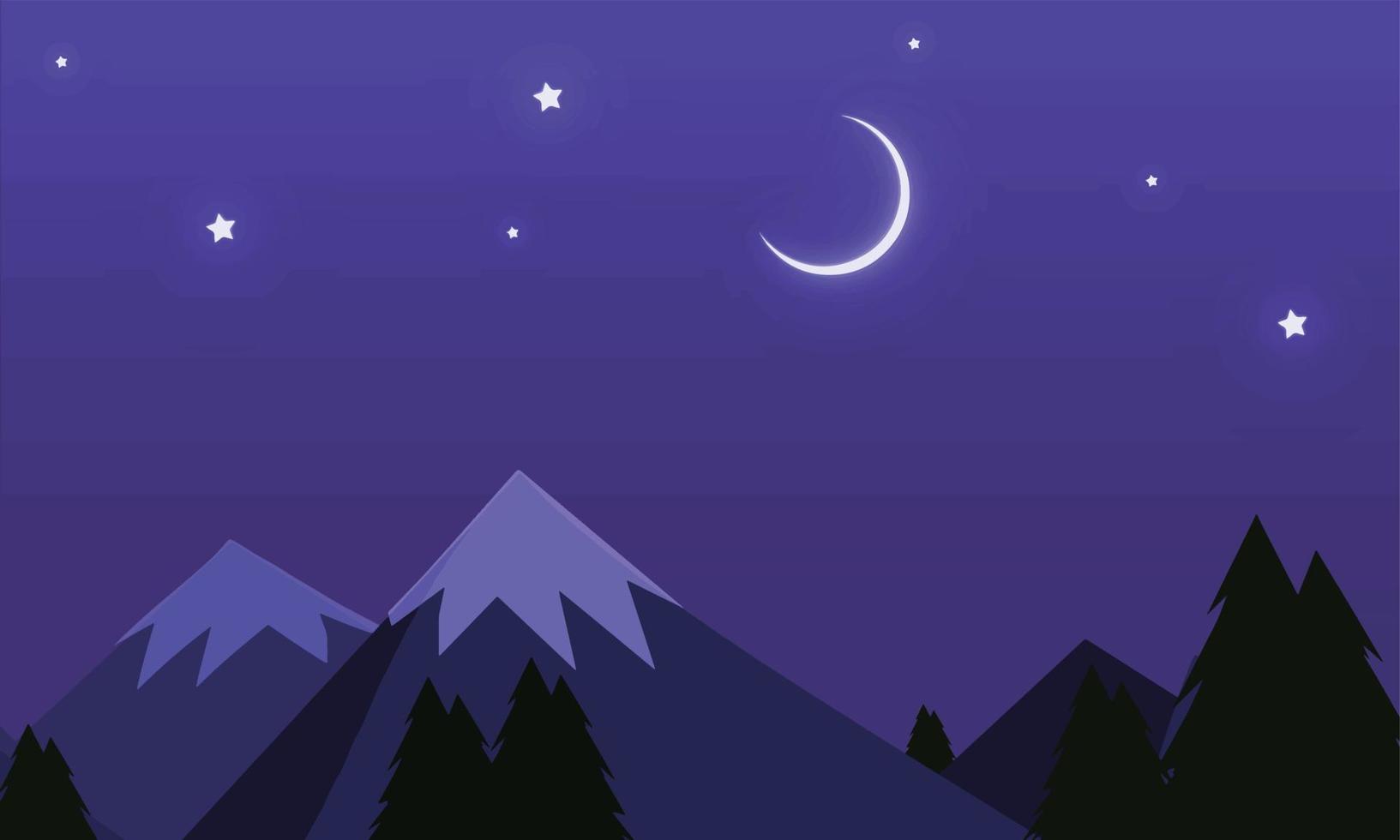 silhueta de montanhas e árvores com um céu noturno azul escuro vetor