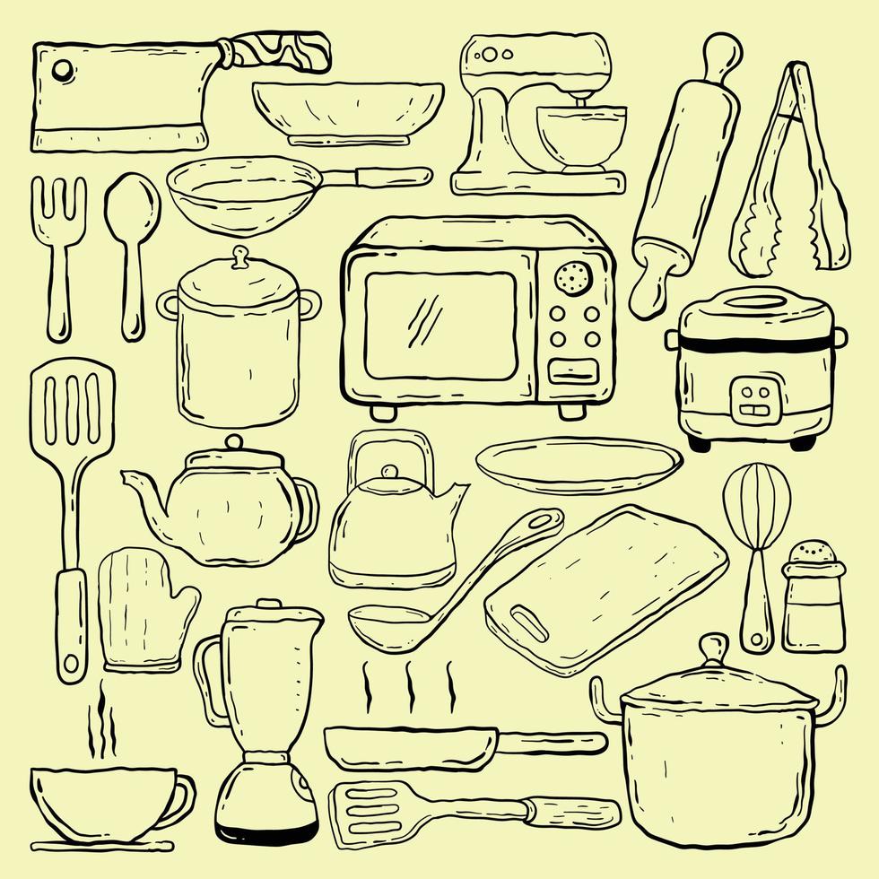 doodle de utensílio de cozinha desenhado à mão em preto e branco, vetor premium