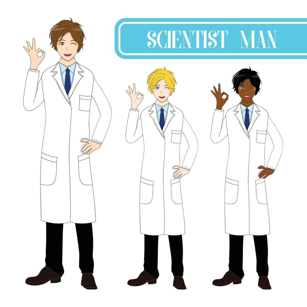 conjunto homem bonito cientista mostrando sinal de mão okey. equipe médica masculina. vetor