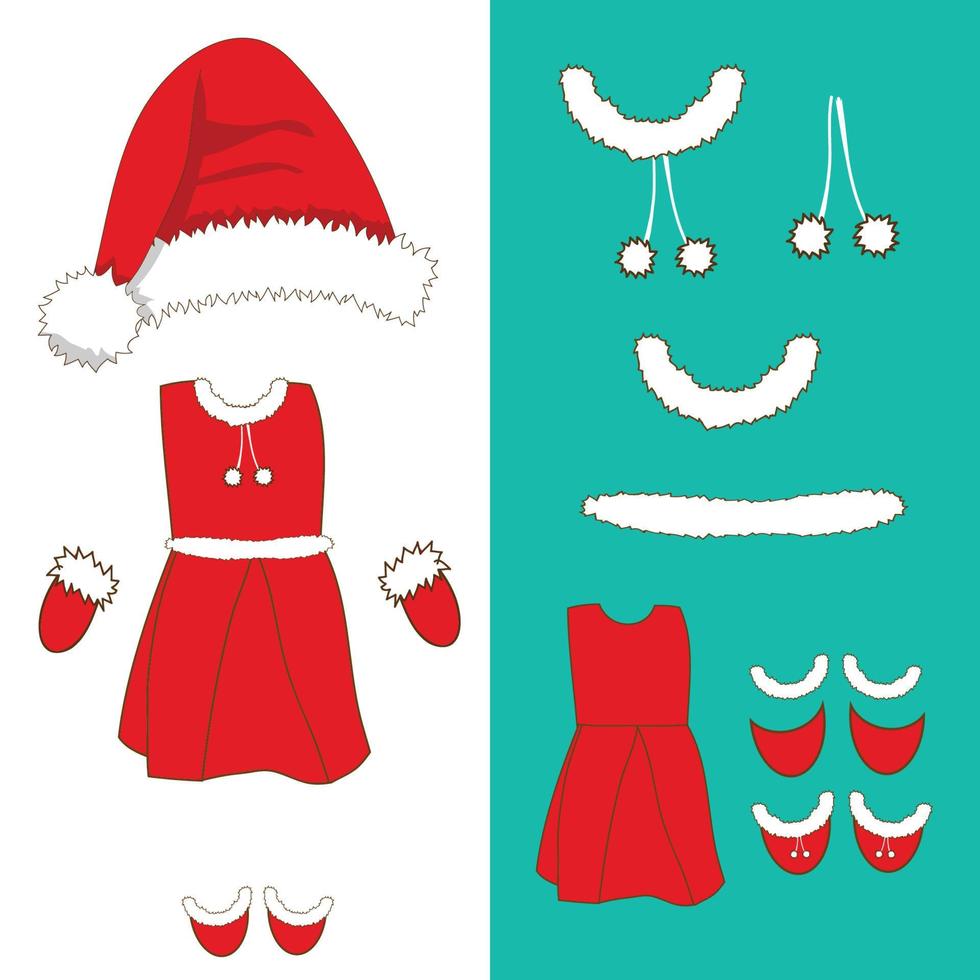 chapéu de papai noel e roupa de mulher. luvas, meias e botas com listras vermelhas e brancas. conjunto de fantasia de natal. ilustração vetorial. vetor