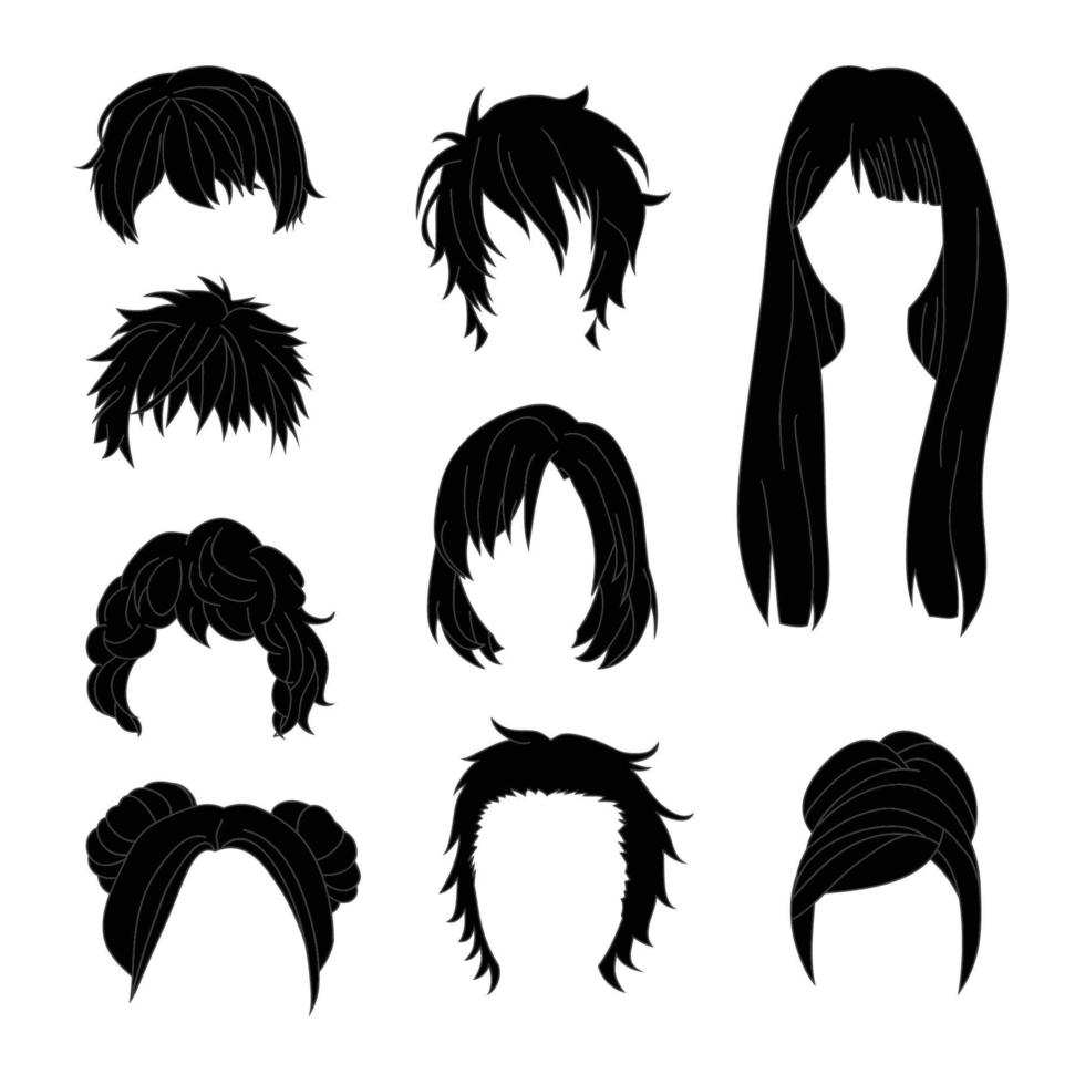 penteado de coleção para conjunto de desenho de cabelo preto de homem e mulher 2. vetor