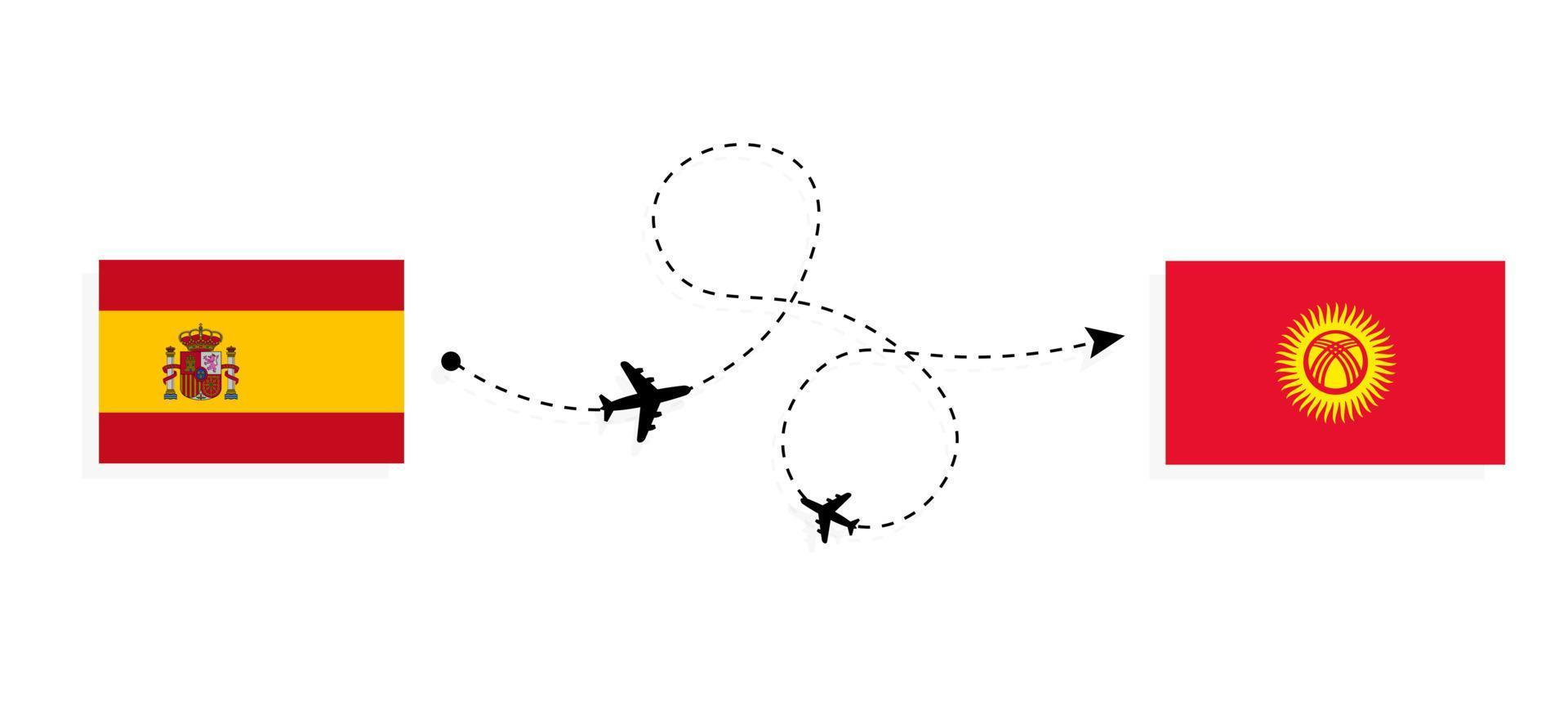 voo e viagem da Espanha para o Quirguistão pelo conceito de viagens de avião de passageiros vetor