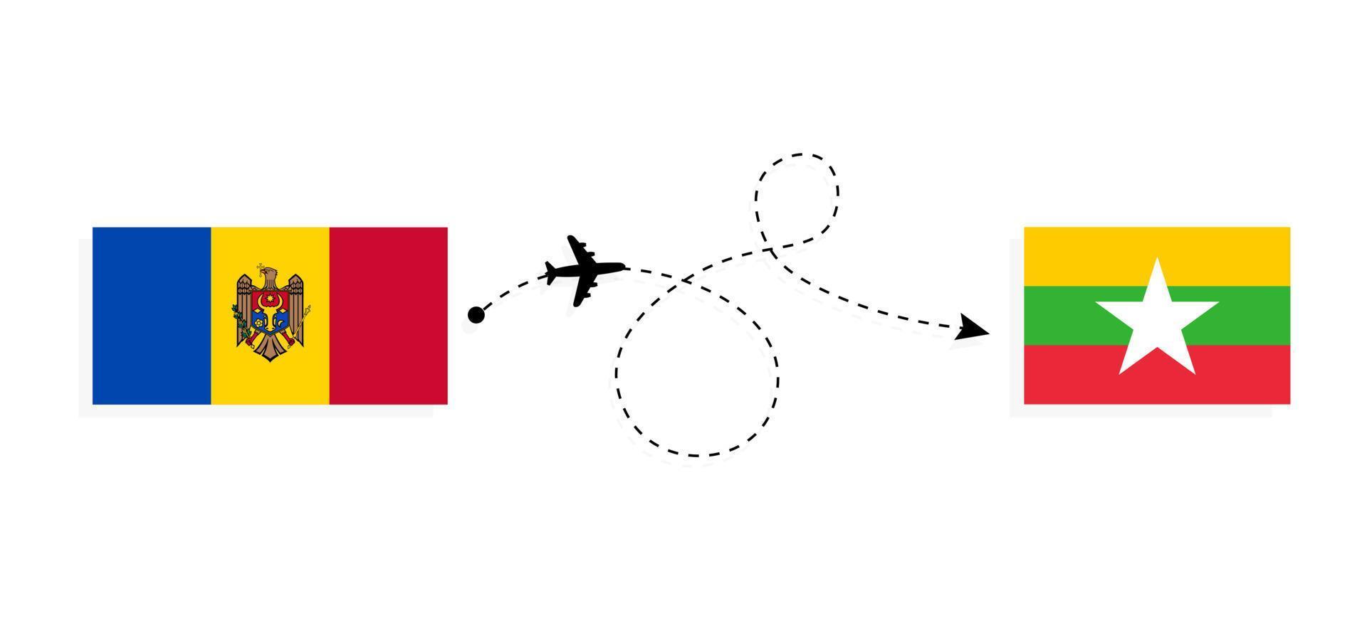 voo e viagem da Moldávia para Mianmar pelo conceito de viagem de avião de passageiros vetor