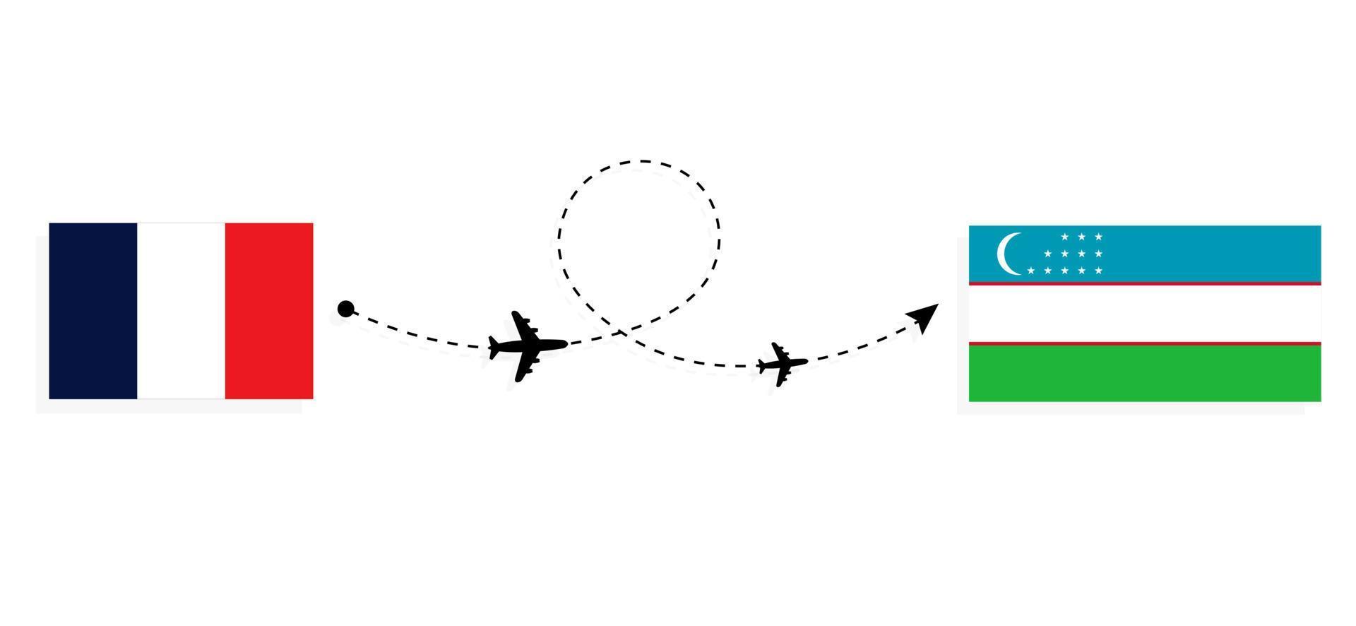 voo e viagem da frança para o uzbequistão pelo conceito de viagem de avião de passageiros vetor