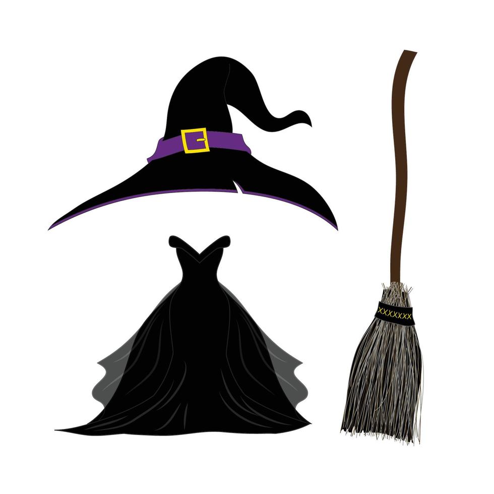 chapéu de bruxa. vestido de bruxa gótica preto. vassoura de bruxa. conjunto de fantasia de halloween. vetor