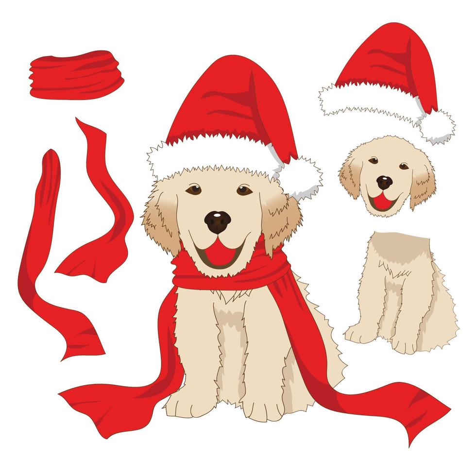 cachorro golden retriever com chapéu de Papai Noel e cachecol. bebê cão labrador cartão dia de natal isolado no fundo branco. vetor