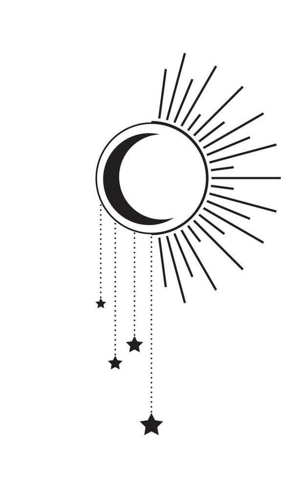 lua e sol com ícone de estrelas, bruxa boho e símbolo mágico. sinal de arte mística, emblema de tatuagem preta. ilustração vetorial isolada no fundo branco, estilo plano para design gráfico e web, logotipo, adesivo vetor